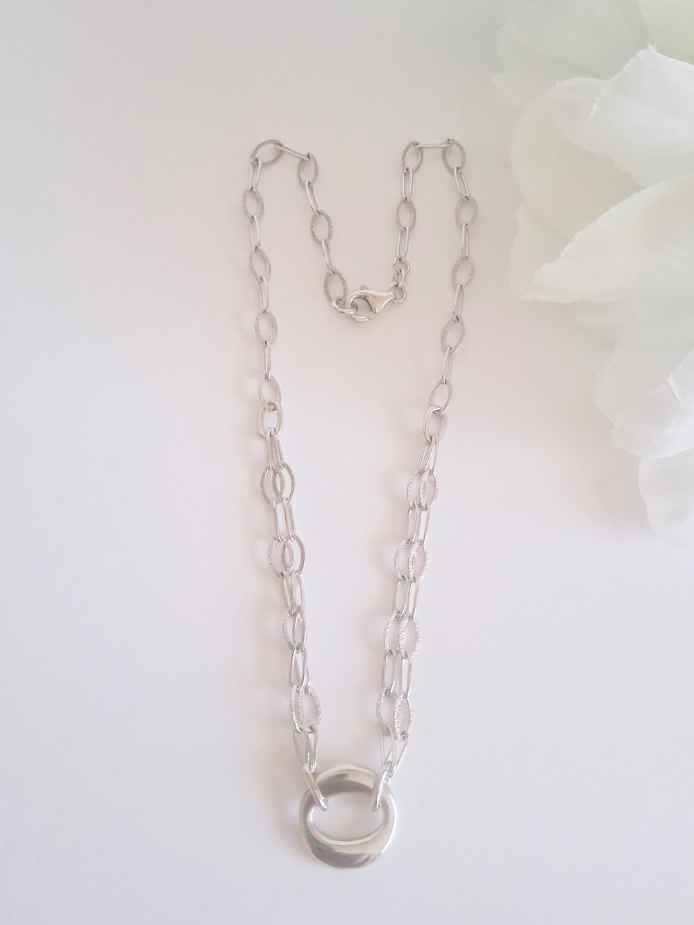 925 Sterling Silver Double-Chain Pave 16" Necklace with Circle Pendant